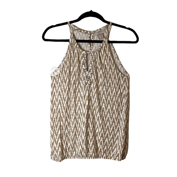Loft Petites Tan White Chevron Embellished Keyhole Tank Top - Picture 1 of 9